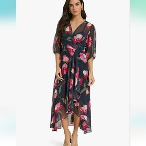 New! Calvin Klein Faux Wrap Chiffon V-Neck Multicolor Floral Dress Size 12